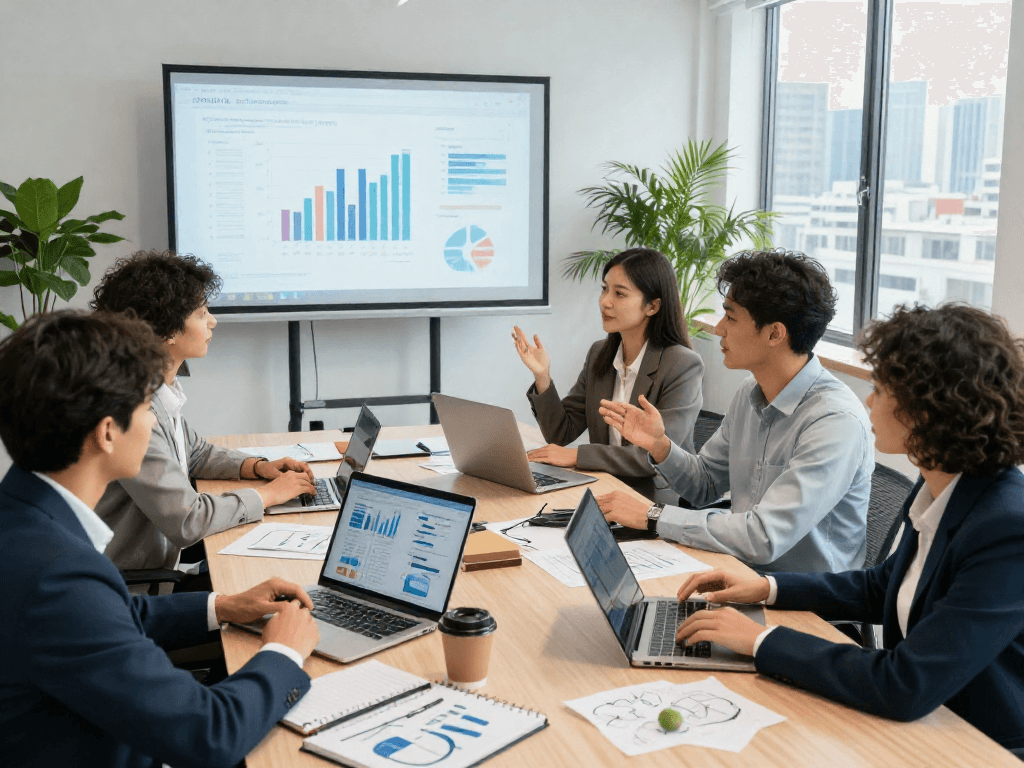 Professionals in een moderne kantooromgeving bespreken zakelijke leningen en strategieën voor groei.