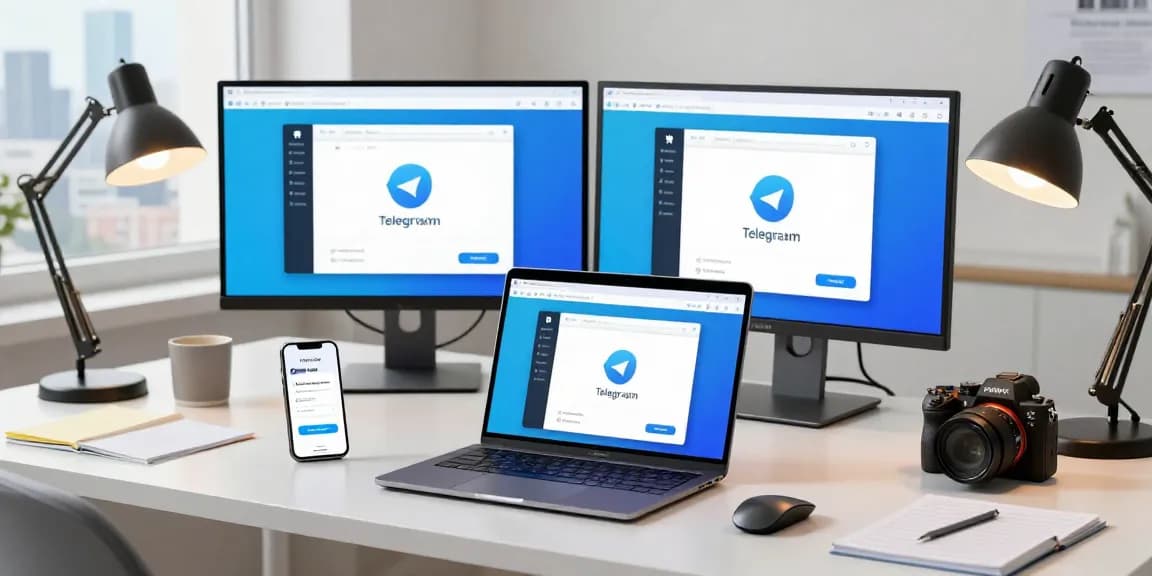 User interacting with the Telegram Web Version in a modern workspace filled with tech gadgets and natural light.