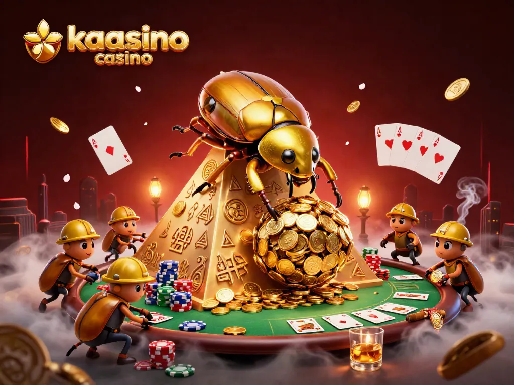 Kaasino casino showcases a vibrant scene of beetles with gold coins and poker elements, illustrating the excitement of online gaming.