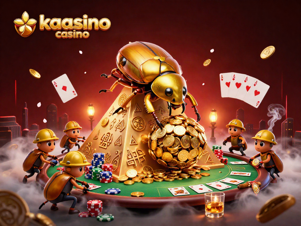 Kaasino casino showcases a vibrant scene of beetles with gold coins and poker elements, illustrating the excitement of online gaming.