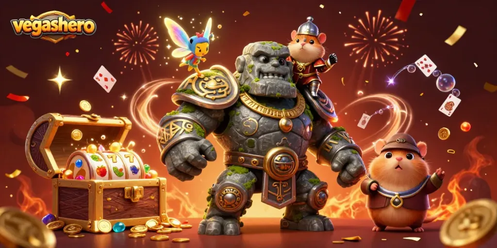 Experience vegashero with a thrilling scene of a golem, fairy, and hamster knight in a lively casino environment.