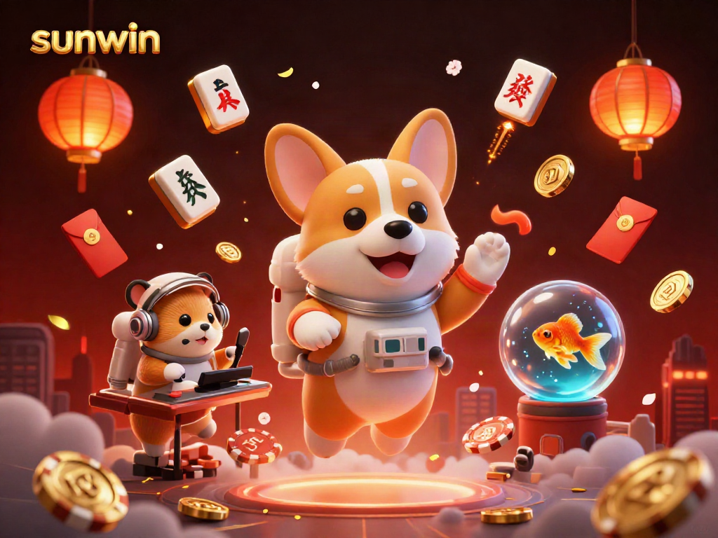 Sunwin scene featuring a cartoon astronaut corgi in a casino, playing poker amid floating chips and coins.
