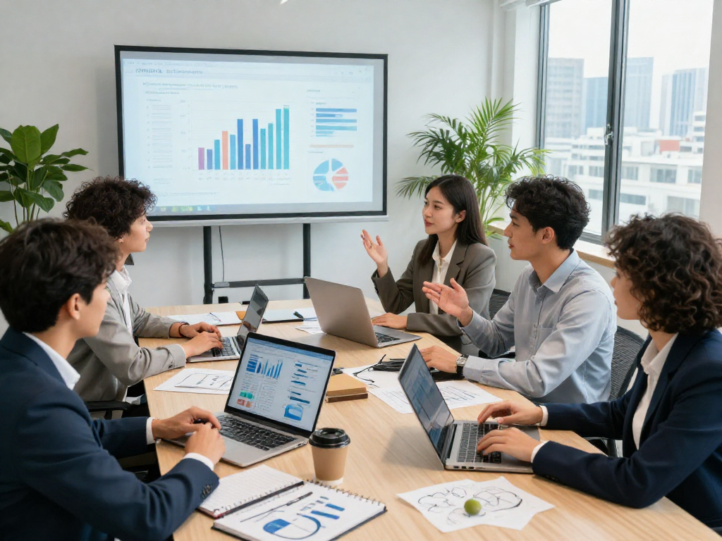 Professionals in een moderne kantooromgeving bespreken zakelijke leningen en strategieën voor groei.
