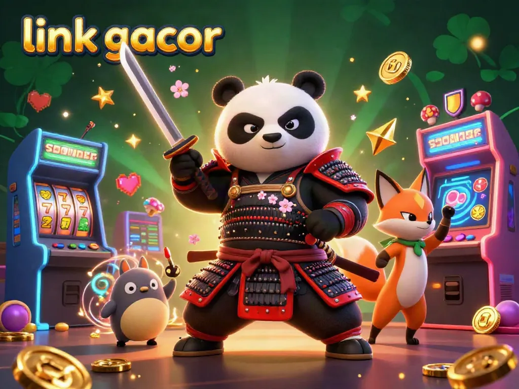 Experience thrilling action with "link gacor" as a samurai panda, ninja fox, and magical tanuki in a vibrant casino game scene.