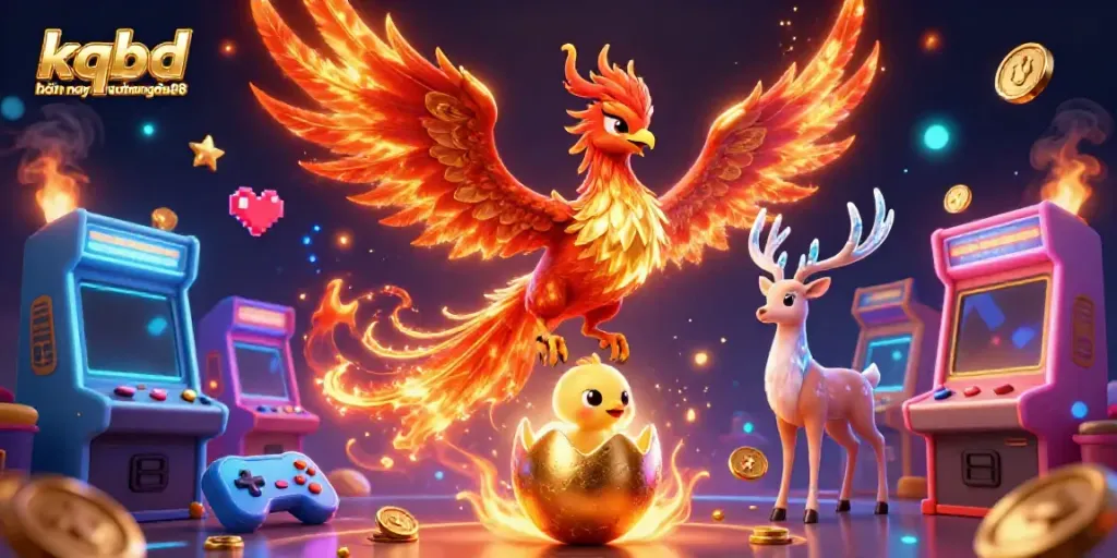 Kqbd hôm nay ketquabongda88 showcases a vibrant scene with a phoenix, gaming elements, and casino themes.