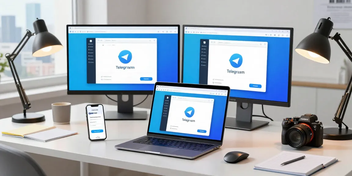 User interacting with the Telegram Web Version in a modern workspace filled with tech gadgets and natural light.