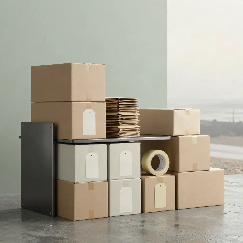Webshop startpakket met dozen, retourslips en checkoutdock op nat beton in zacht ochtendlicht.