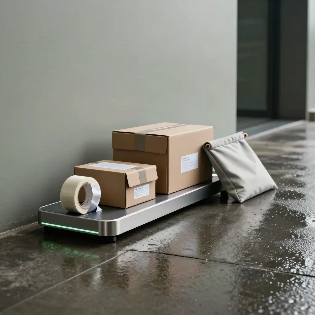 Webshop-bundel met checkout-hub, verzenddoos en retourzak in een natte corridor.