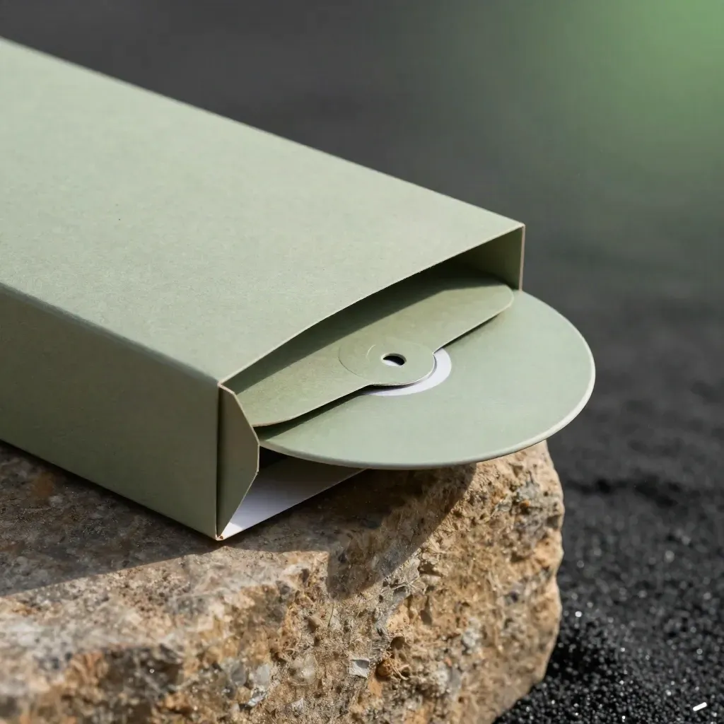 Macro van een verzendbundel met doos, mailersleeve en groen schijfje op steen.