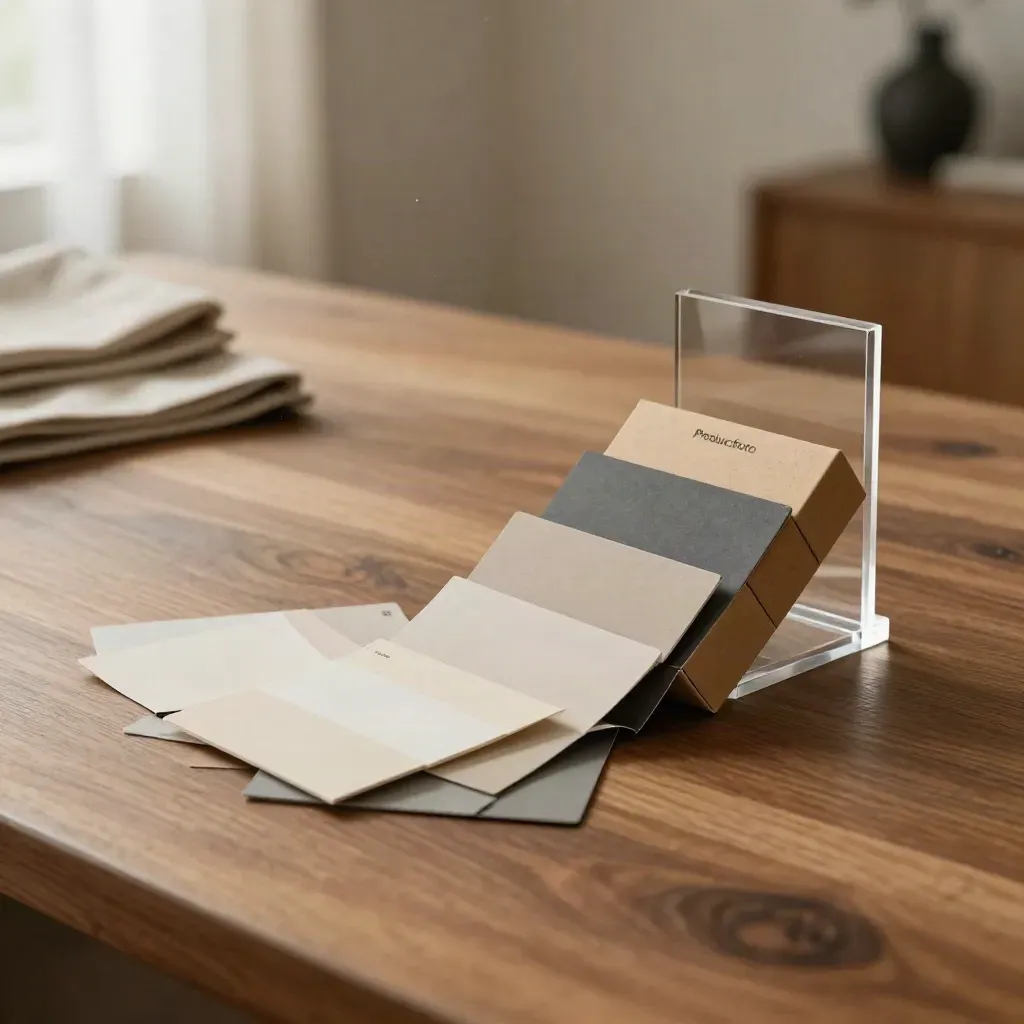 Starterkit voor productfoto’s met achtergronden, samplebox en acrylplateau op een houten werkbank.