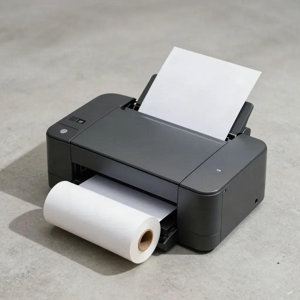Plat liggende labelprinter met losse rol op lichte betonnen ondergrond.