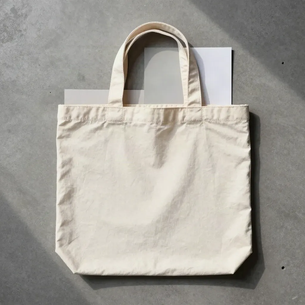 Katoenen shopper tas en opgevouwen tote op een grijze betonplaat, van boven gefotografeerd.