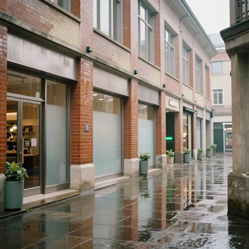Glazen bakstenen arcade met natte vloer, groene accenten en zacht daglicht.