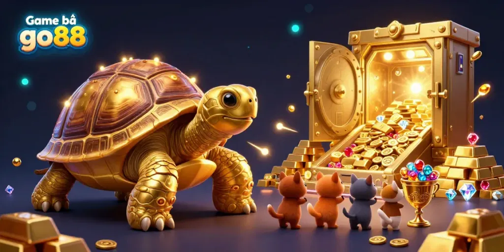 Experience exciting gameplay with Game bài go88 featuring a golden tortoise pinball machine surrounded by treasures.