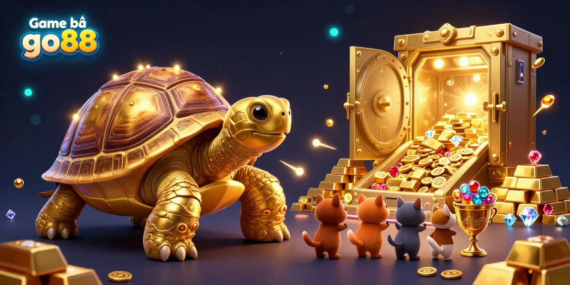 Experience exciting gameplay with Game bài go88 featuring a golden tortoise pinball machine surrounded by treasures.