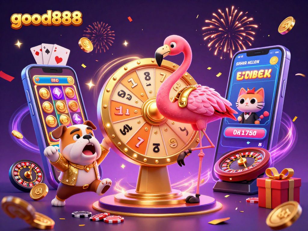 Play jackpot games with good888 in a vibrant 3D illustration featuring a game show host, excited contestants, and colorful casino elements.