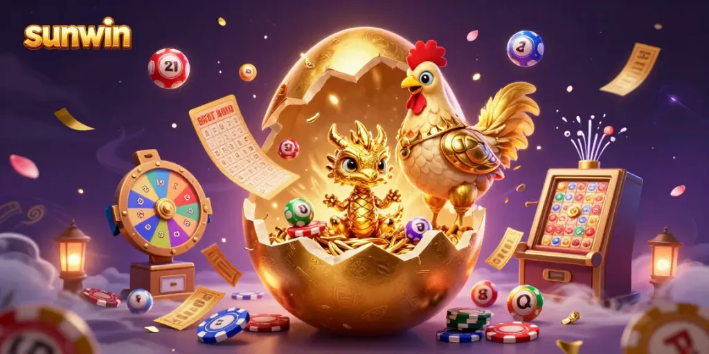 Experience the thrill of winning with sunwin in a vibrant 3D casino scene featuring golden elements and exciting game symbols.