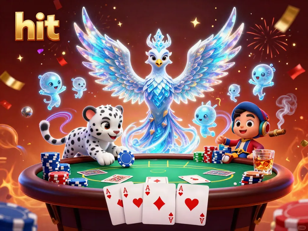 Engage with dynamic poker elements as hit characters celebrate a casino victory in vibrant colors.