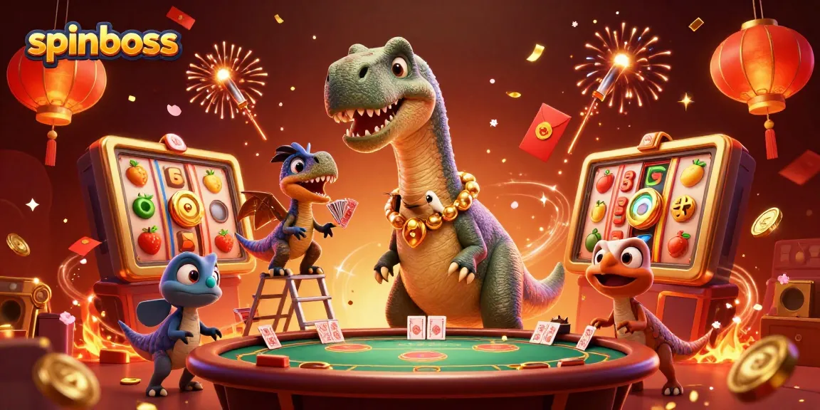 Experience the excitement of SpinBoss Casino with vibrant 3D characters and casino elements.