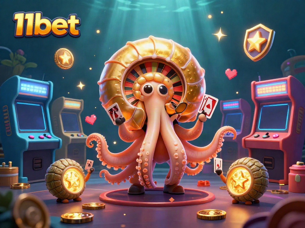 Experience the thrilling casino world with the 11bet giant nautilus, holding cards and surrounded by vibrant gaming elements.