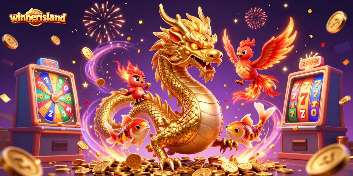 Join the thrilling action at winnerisland with a vibrant illustration of casino games and mythical creatures.