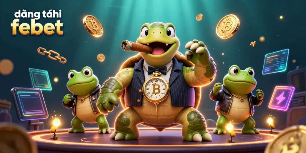 Engage with the excitement of đăng ký febet in a vibrant casino scene featuring a snapping turtle and bullfrog enforcers.