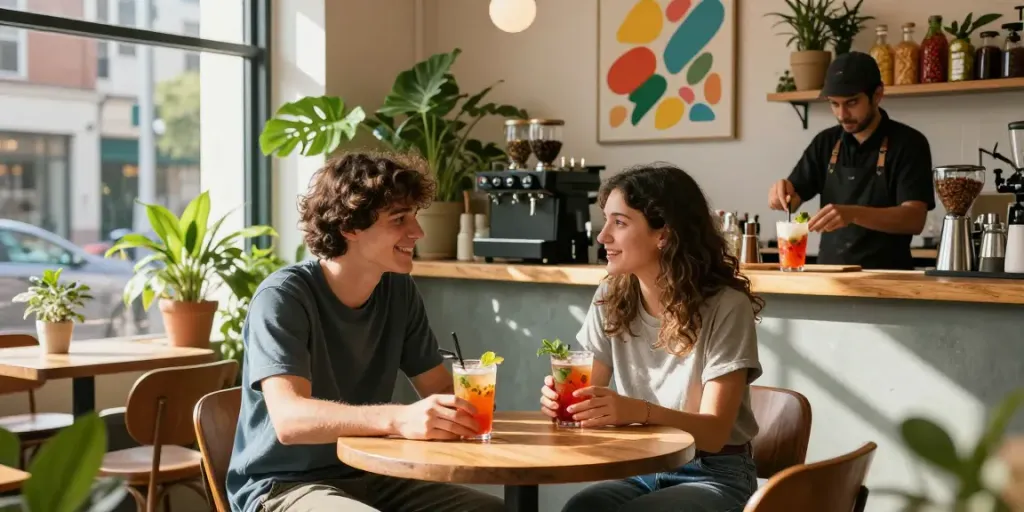 Young couple enjoying spicy ai-themed drinks in a vibrant café atmosphere