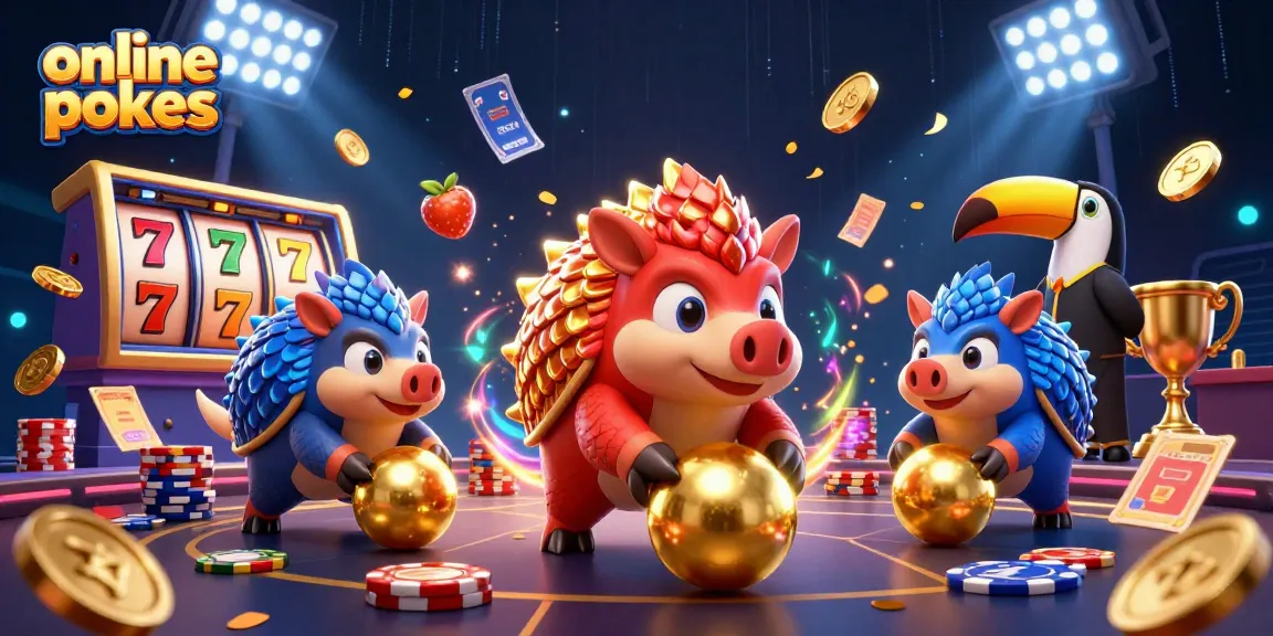 Compete in online pokies with rival pangolins bowling through golden coins and poker chips.
